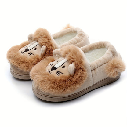 Cozy Lion Pattern Furry Slip-On Shoes for Boys - Soft, Comfy, Non-Slip, Thermal Indoor Footwear with Warm Fleece Lining for Cold Winter Days - Ideal for Kids' Everyday Wear