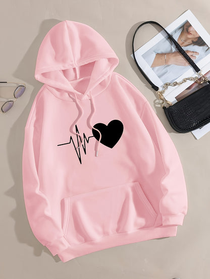 Casual Chic Heart Print Knit Hoodie - Women's Comfy Alphabet Pattern Top for Fall/Winter, Easy-Care & Stretchy