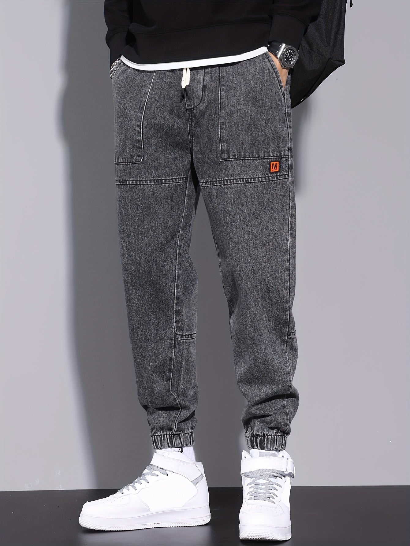 Men's Solid Denim Joggers With Pockets, Casual Cotton Blend Jeans For Outdoor Activities Gift