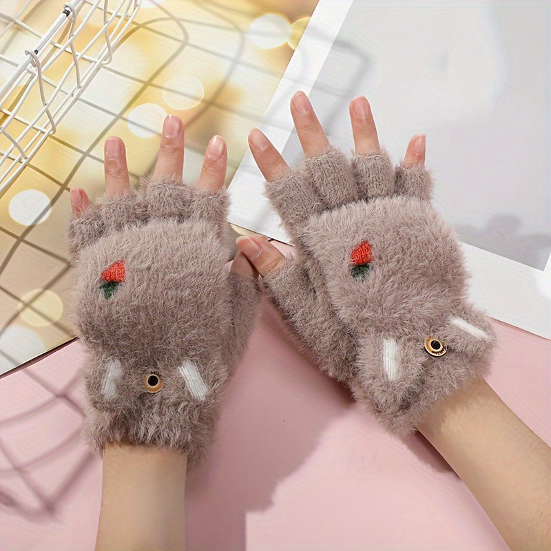 Cute Cat Paw Fuzzy Lined Mitten Gloves - Soft, Warm, Flip-Up, Fingerless, Winter Gloves with Aesthetic Design