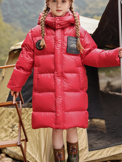 Winter Down Overcoat For Girls Boys, Thick Down & Feather Padded Stylish Hooded Puffer Coats Winter Outerwear