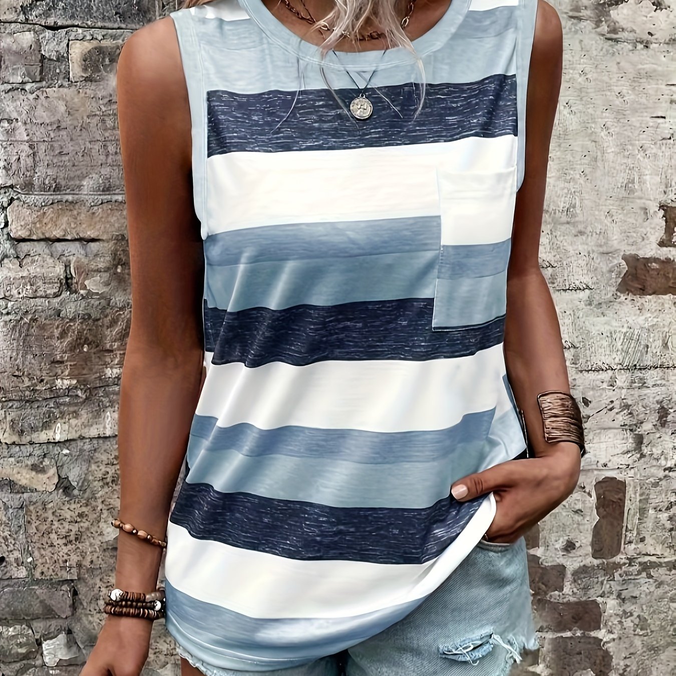 Striped Print Crew Neck Tank Top, Casual Sleeveless Patched Pocket Tank Top For Spring & Summer, Women's Clothing