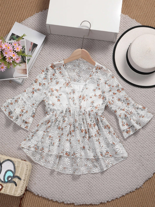 2-Piece Girls Floral Fashion Peplum Blouse Set - V-Neck, Three Quarter Length Flared Sleeves, Loose Fit, Slight Stretch, Sheer, Dipped Hem - Perfect for Summer