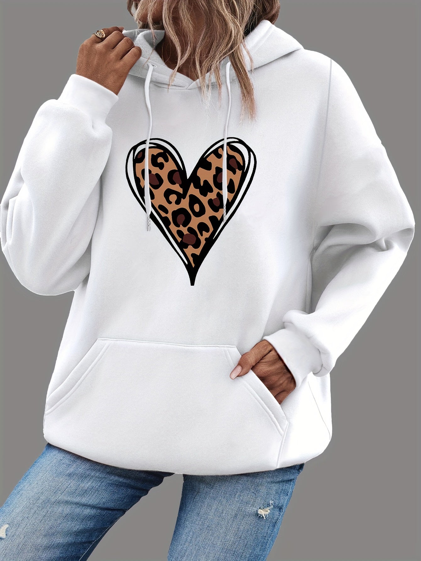 Women's Heart Print Kangaroo Pocket Casual Hoodie - Long Sleeve Drawstring Sweatshirt with Relaxed Fit, Soft Fabric, and Cozy Design for Everyday Wear