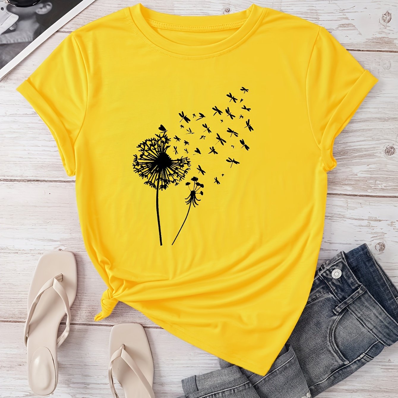 Vibrant Dandelion Print Crew Neck T-Shirt - Soft Micro Elasticity Polyester Fabric, Casual Short Sleeve Top for Spring & Summer, Womens Regular Fit Clothing with Random Plant Pattern