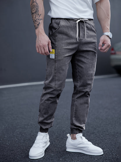 Men's Casual Tapered Jeans with Adjustable Drawstring Waist for Comfortable Street Style