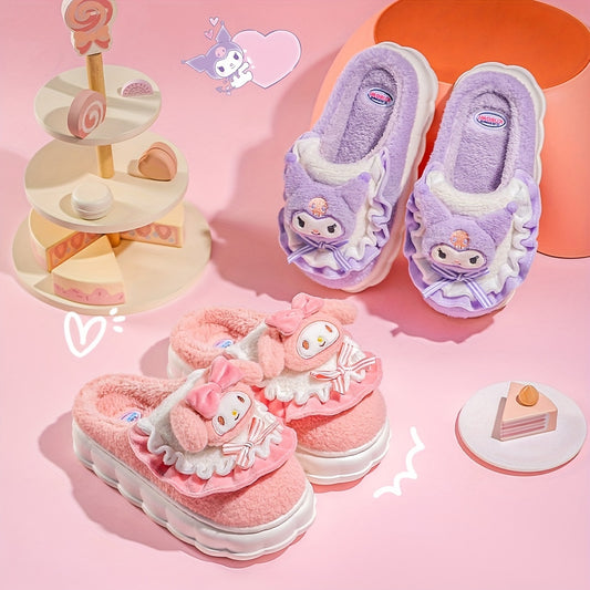 Sanrio Kuromi Plush Slippers for Girls - Cozy & Cute Cartoon Design with Soft EVA Sole, Perfect for Indoor Wear in Fall/Winter