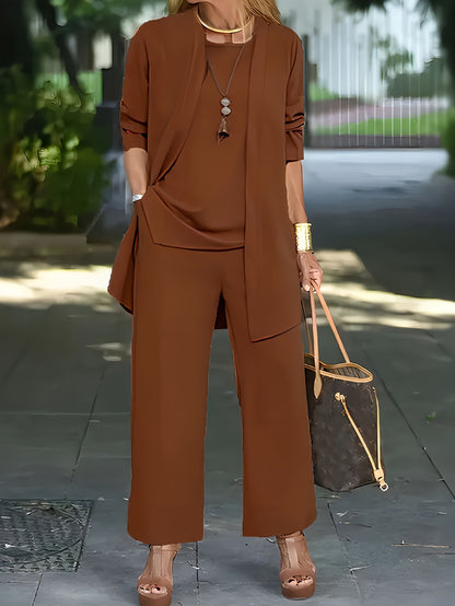 SENGPA Casual Three-piece Solid Set, Long Sleeve Cardigan & Top & Long Pants Outfits, Women's Clothing