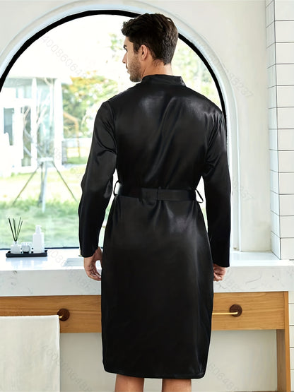 Stylish & Durable Men's Casual Winter Robe: V-Neck, Pockets, Belt - Solid Color, Warm Comfort