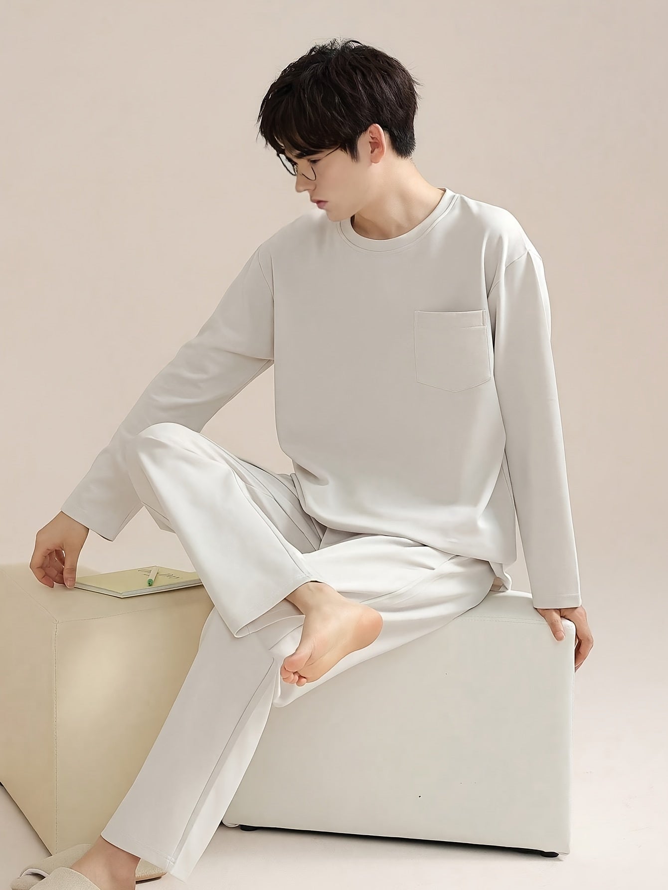 Men's Simple Style Cotton Casual Pajamas Sets, Solid Long Sleeve Crew Neck Top & Loose Pants Lounge Wear, Outdoor Sets For Spring Autumn