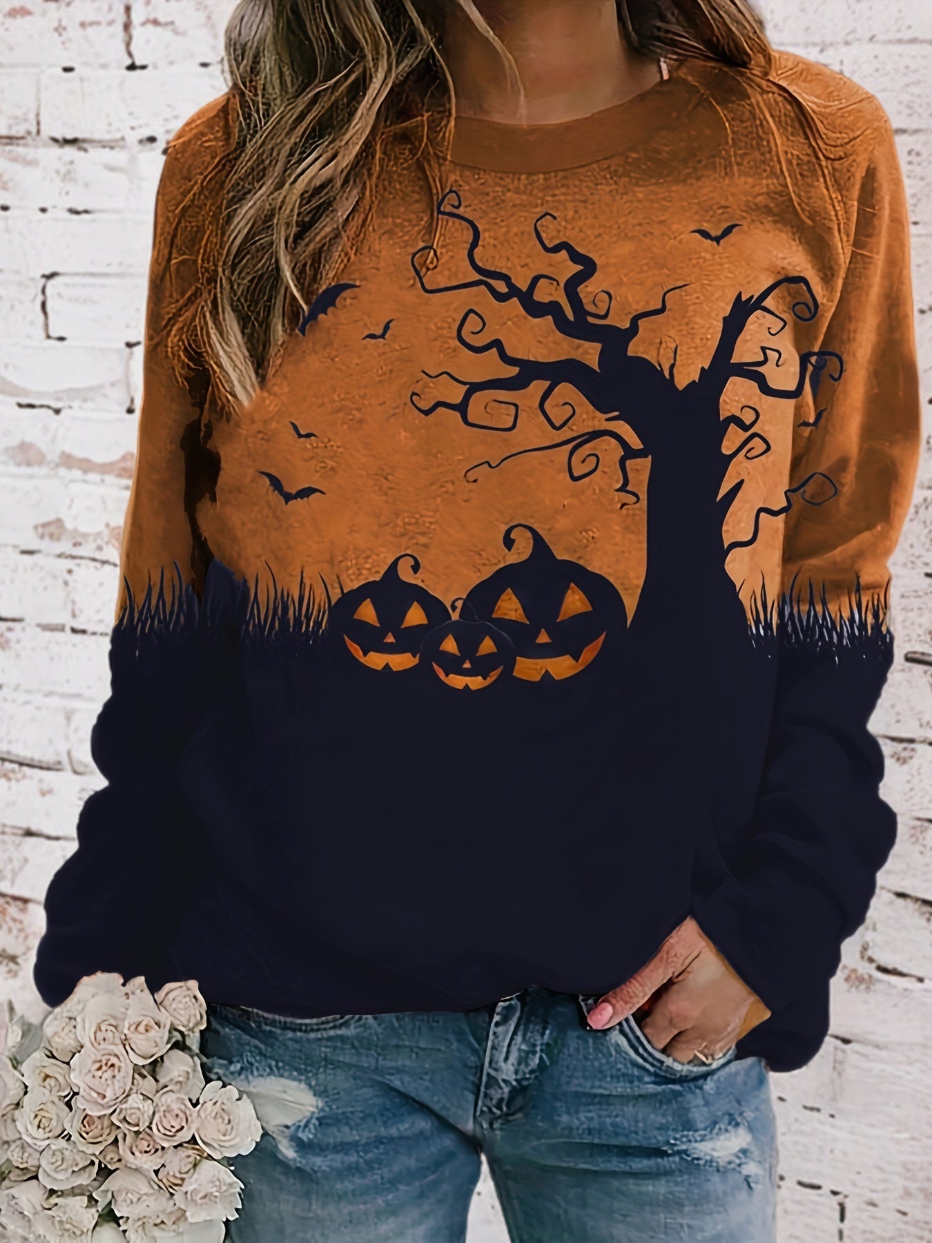 Vintage Halloween Print Crew Neck Sweatshirt - Soft Micro Elasticity Polyester Fabric, Machine Washable, Random Printing, Long Sleeve Raglan Shoulder Design, Casual Womens Clothing for All Seasons