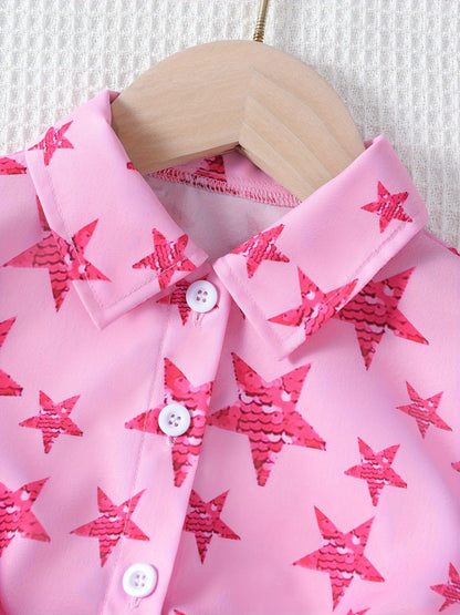 Girls Tie Knot Stars Print Short Sleeve Shirt Vacation Style Button-Down Collar Blouse Top For Summer