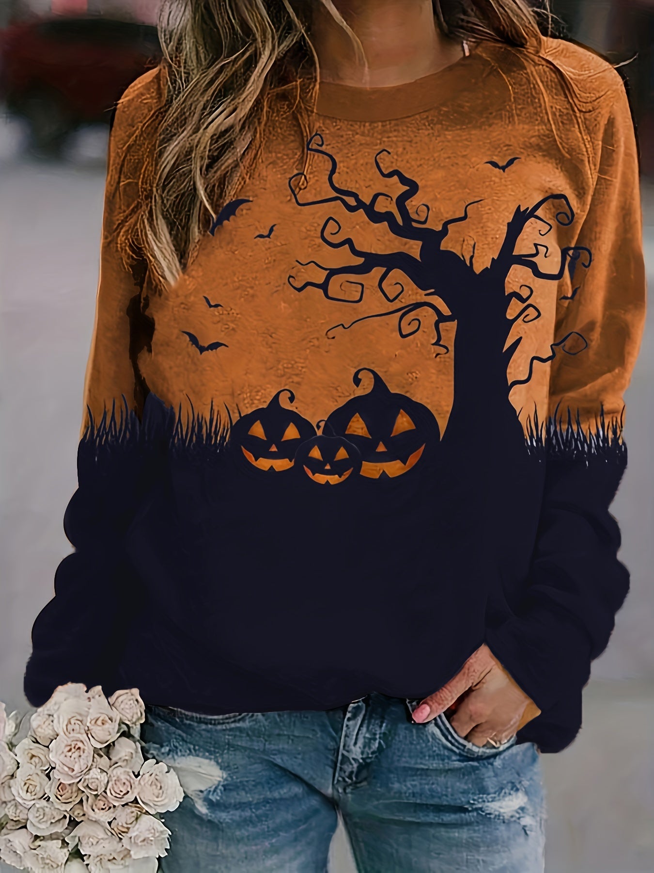 Vintage Halloween Print Crew Neck Sweatshirt - Soft Micro Elasticity Polyester Fabric, Machine Washable, Random Printing, Long Sleeve Raglan Shoulder Design, Casual Womens Clothing for All Seasons