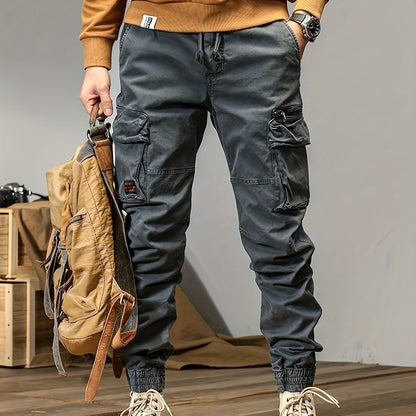 Regular Fit Solid Cotton Blend Cargo Pants - Multi Flap Pocket, Button Fly, Slight Stretch, Loose Casual Style - Ideal for Outdoor Work, Streetwear, and Hip Hop Fashion