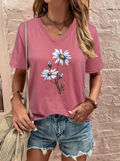 Fashionable Floral Print V-Neck T-Shirt - Lightweight & Breathable Summer Casual Wear - Perfect for Trendy Women