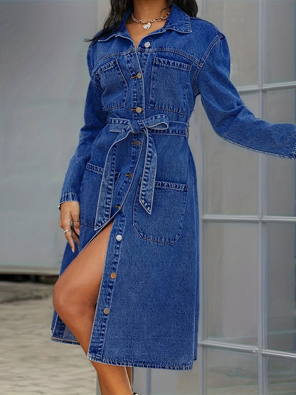 Trendy Blue Denim Dress with Full-Length Sleeves, Fashion-Forward Lapel, Pockets & Waistband - A Chic Single Breasted Button-down Style for Women