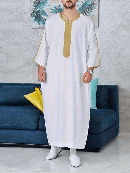 Stylish Embroidered Thawb Robe - Elegant Long Sleeve Solid Color Lightweight Comfortable Thobe for Casual Wear, Special Occasions, and Islamic Events - Soft, Breathable, and Durable Islamic Clothing for Men