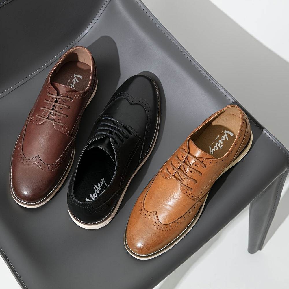 Mens Classic Wing-tip Brogue Dress Shoes - Durable PU Leather Upper, Comfortable Lace-up Design for Business & Office - Stylish, Wear-resistant Daily Footwear