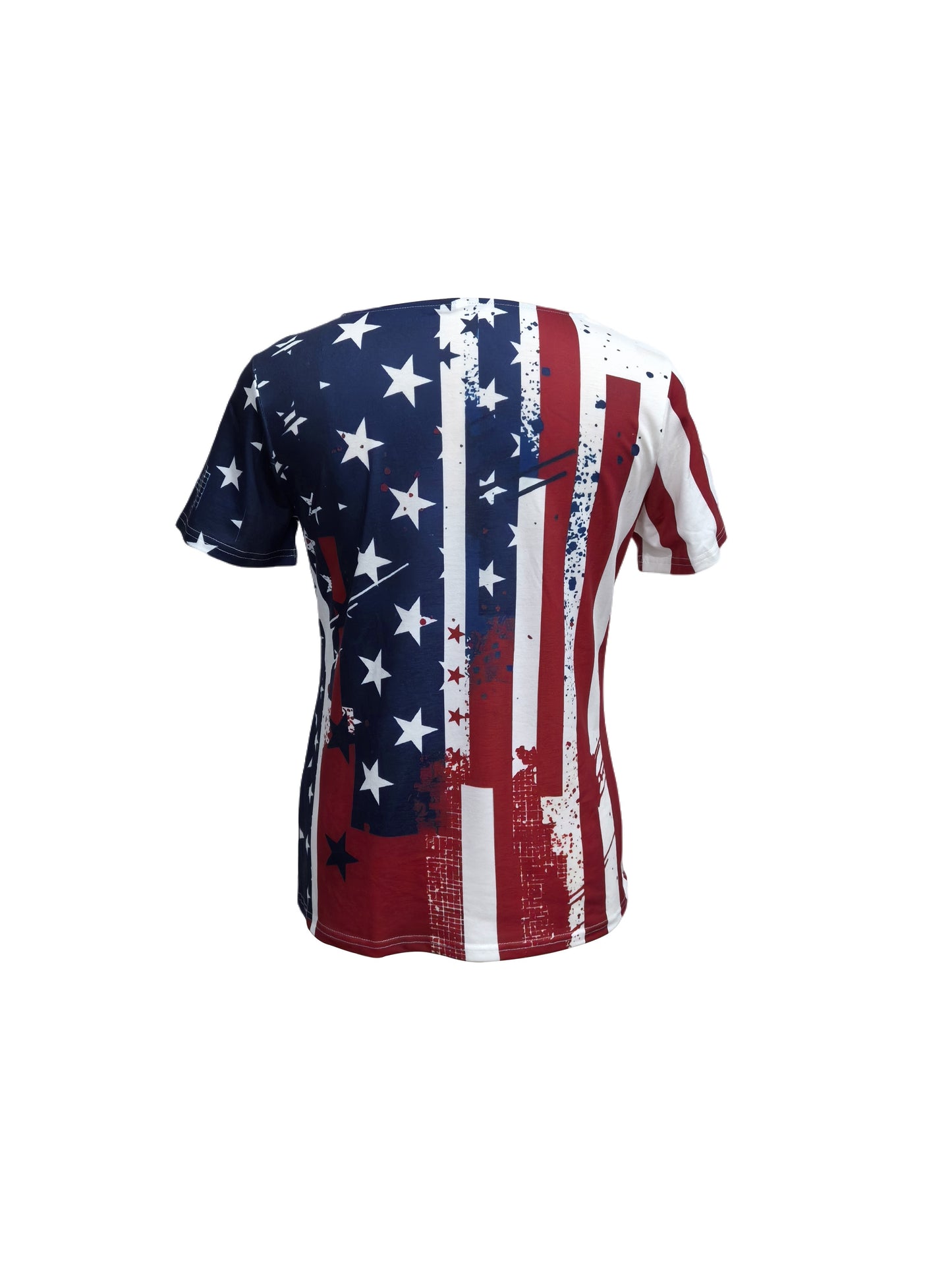 Vibrant American Flag Print V Neck T-Shirt - Soft Mid Elasticity Dacron and Spandex Blend, Casual Short Sleeve, Machine Washable, Perfect for Spring and Summer - Womens Color Block Knit Fabric Clothing