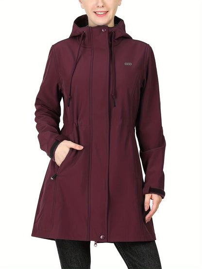 Long Sleeves Waterproof Outdoor Jacket, Fleece Liner Adjustable Waist With Zipper Pocket Long Jacket, Women's Activewear