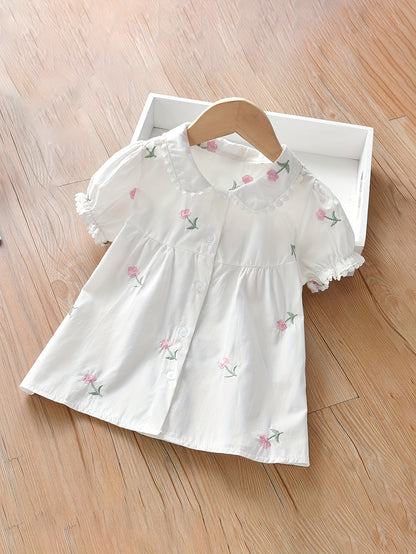 Cotton Girls Ditsy Floral Short Sleeve Blouse Shirt - Embroidered Lapel Collar, Regular Fit, Non-Stretch Fabric, Cute Doll Collar Design, Perfect for Summer Casual Wear