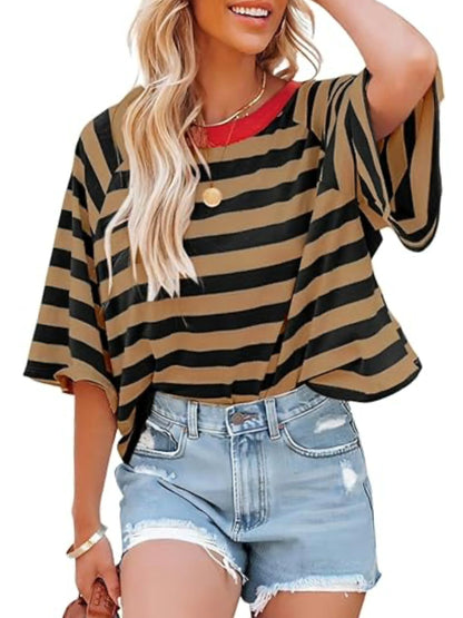 Short Sleeve Striped Raglan T-Shirt - Loose Fit, Medium Stretch, Crew Neck, Half Sleeve, Summer Fashion - Machine Washable, Polyester Knit Fabric, Y2K Style, Random Printing