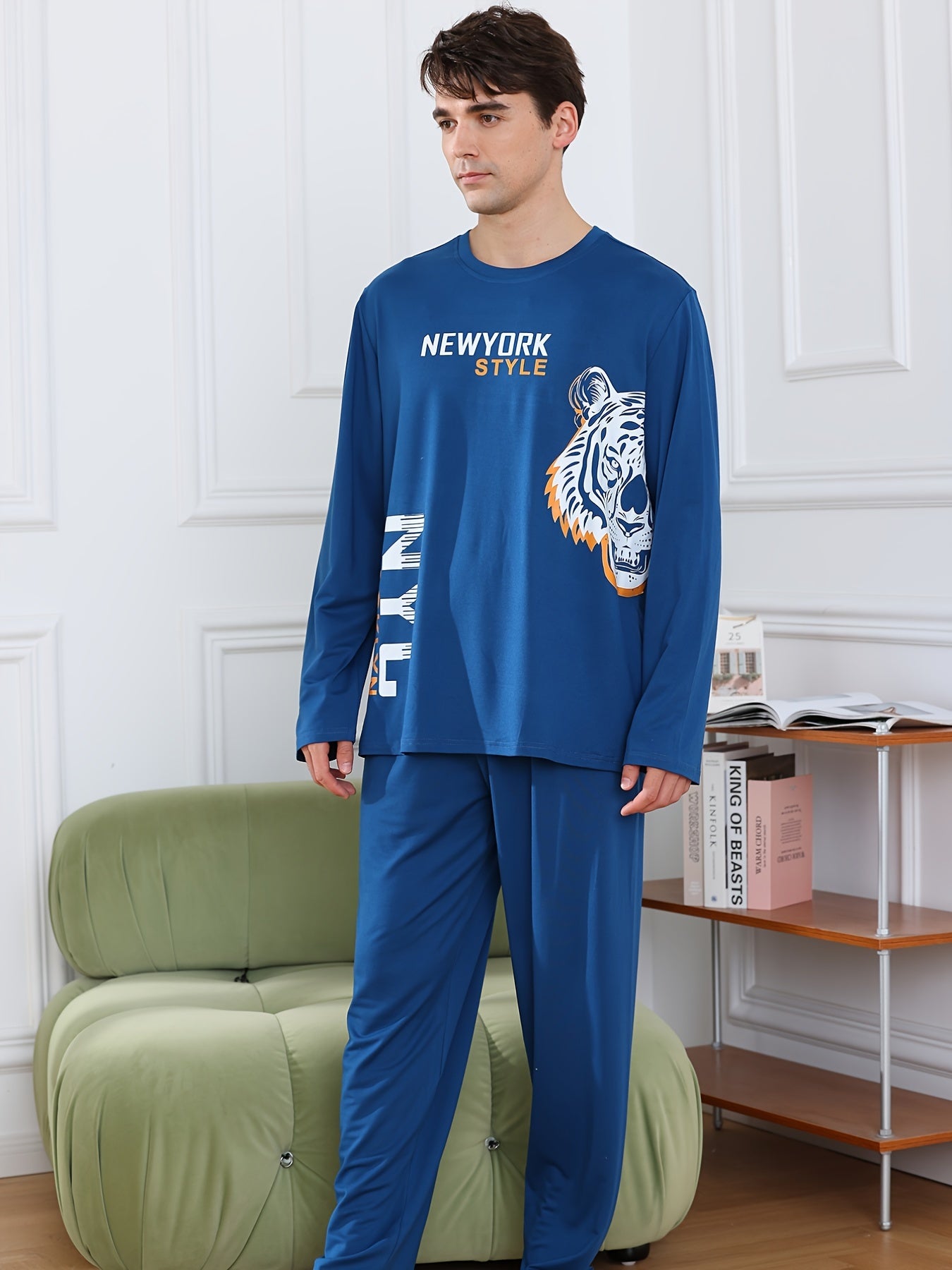 Men's Comfy Casual Home Pajamas Set, Fashion Letter And Tiger Graphic Print Long Sleeve Sweatshirt & Loose Pants For Spring Autumn Winter