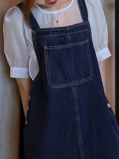 Effortless Chic Midi Denim Pinafore Dress - Versatile, Durable with Front Pockets for Spring/Fall