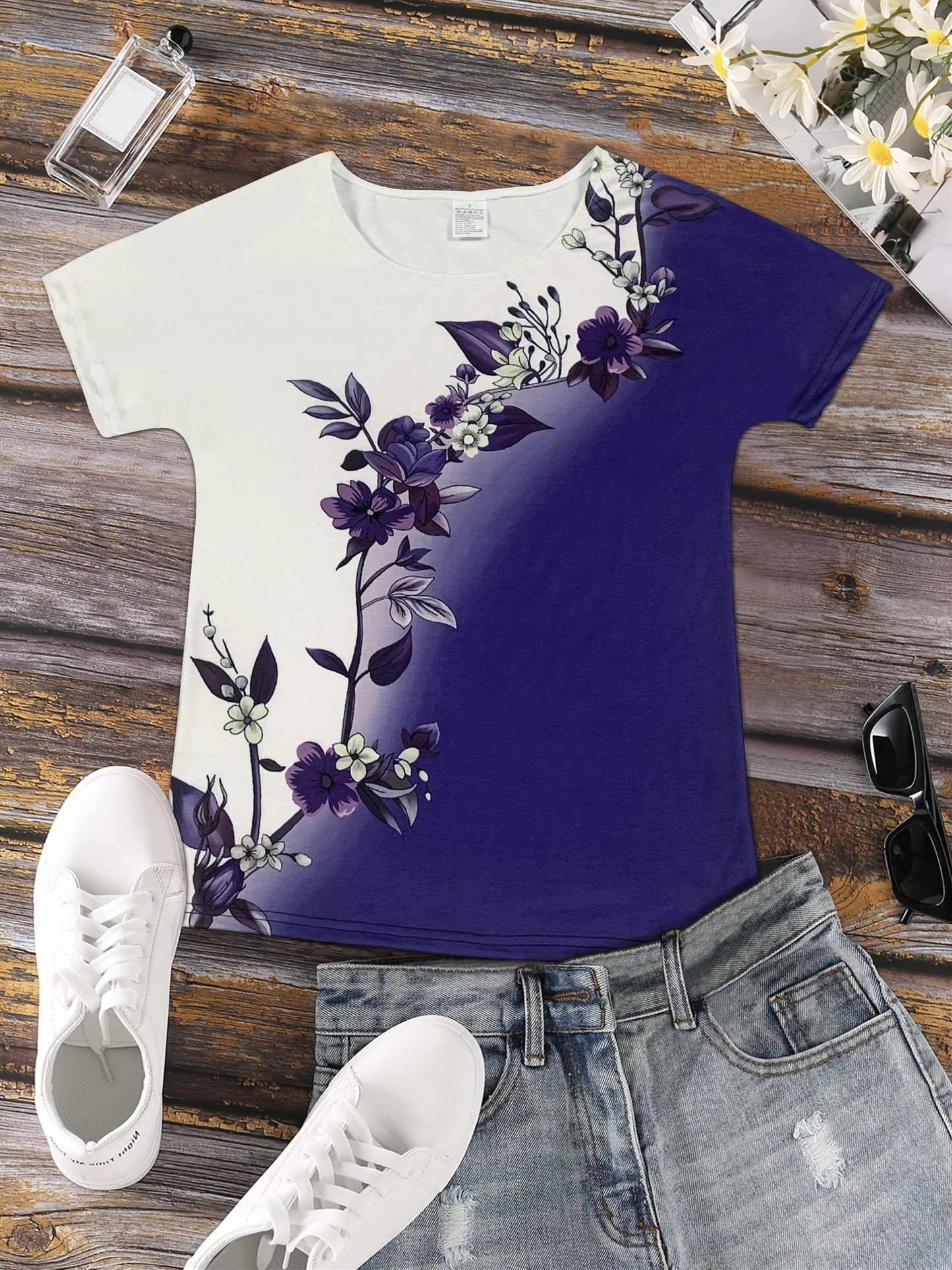 Floral Print Colorblock Crew Neck T-Shirt, Casual Short Sleeve Top For Spring & Summer, Women's Clothing