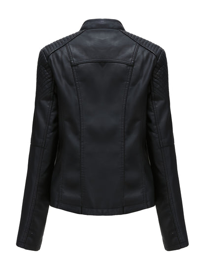 TRIPSIX Women's Sleek Faux Leather Jacket - Casual Zip-Up Biker Coat with Lapel Collar, Perfect for Outdoor Activities & Motorcycling