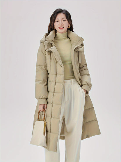 Mid Length Hooded Warm Coat, Elegant Long Sleeve Winter Outerwear, Women's Clothing