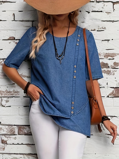 Stylish Elegant Denim Top - Exquisite Button Accents, Flattering Wrap Hem Design, Comfortable Half Sleeve Style, Perfect for Casual Occasions - Ideal for Daily Wear, Elevate Your Style