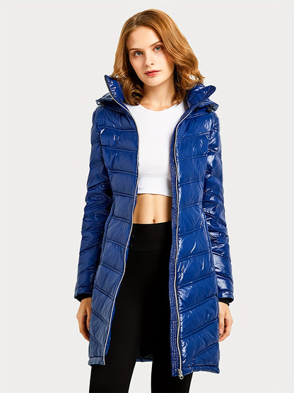 Ultra-Warm Women's Quilted Long Down Coat - Shiny Hooded Puffer Jacket with Water-Resistant Fabric, Adjustable cuffs, and Faux Fur Trim - Perfect for Cold Winter Days and Outdoor Activities