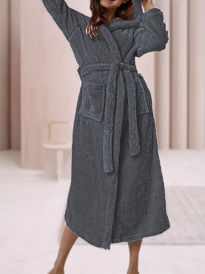 Cozy Plus Size Solid Long Sleeve Hooded Fleece Comfort Belted Lounge Robe - Plus Size Nightgowns & Sleepshirts with Soft Fabric, Warmth, and Relaxing Fit for Fall & Winter Seasons