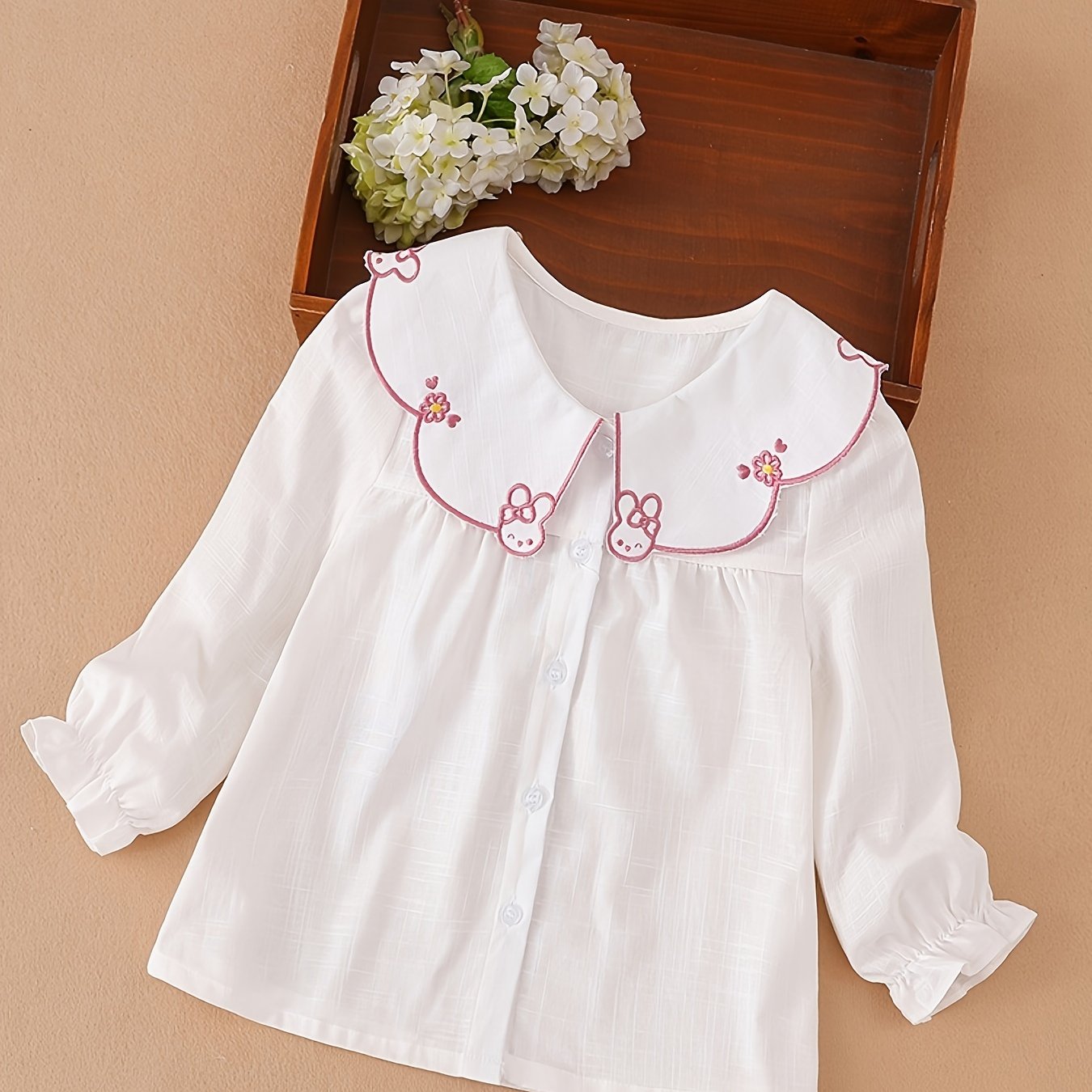 KUYIXIONG Girls Cute & Casual Long Sleeve Ruffle Trim Rabbit Stitched Doll Collar Button Up Cotton Shirt Top For Spring & Fall