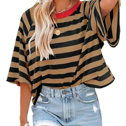 Short Sleeve Striped Raglan T-Shirt - Loose Fit, Medium Stretch, Crew Neck, Half Sleeve, Summer Fashion - Machine Washable, Polyester Knit Fabric, Y2K Style, Random Printing