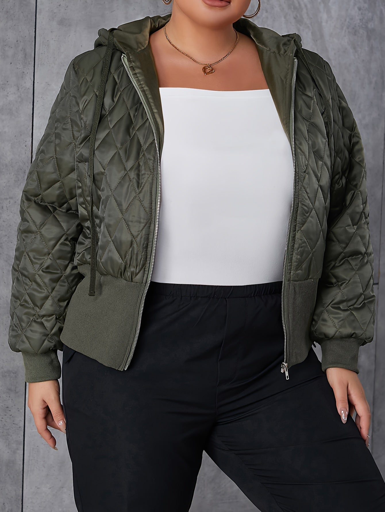 Plus Size Puffer Coat - Relaxed Fit, Solid Color, Quilted, Hooded, Drawstring, Long Sleeve, Zip-Up - Womens Plus Size, Everyday Casual Wear