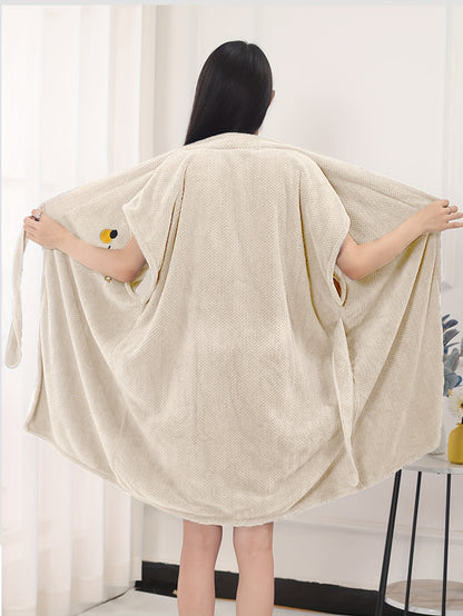 Women's Funny Face & Letter Embroidery Plush Bath Robe, Batwing Sleeve Surplice Neck Side Knot Bath Towel, Comfortable Nightgown For Fall And Winter