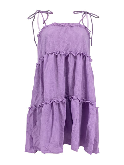 Chic Summer Style: Solid Ruffle Hem Cami Dress With Lace-Up Back, Backless Spaghetti Strap Sundress, Easy-Care & Durable