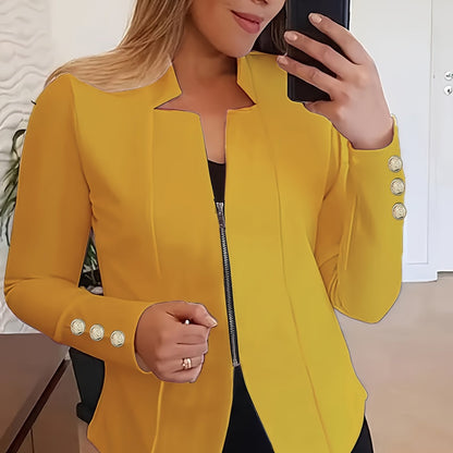 Fashionable Womens Solid Zip-Up Jacket with Button Detail - Comfy Long Sleeves, Casual Style - Premium Clothing Wardrobe Staple