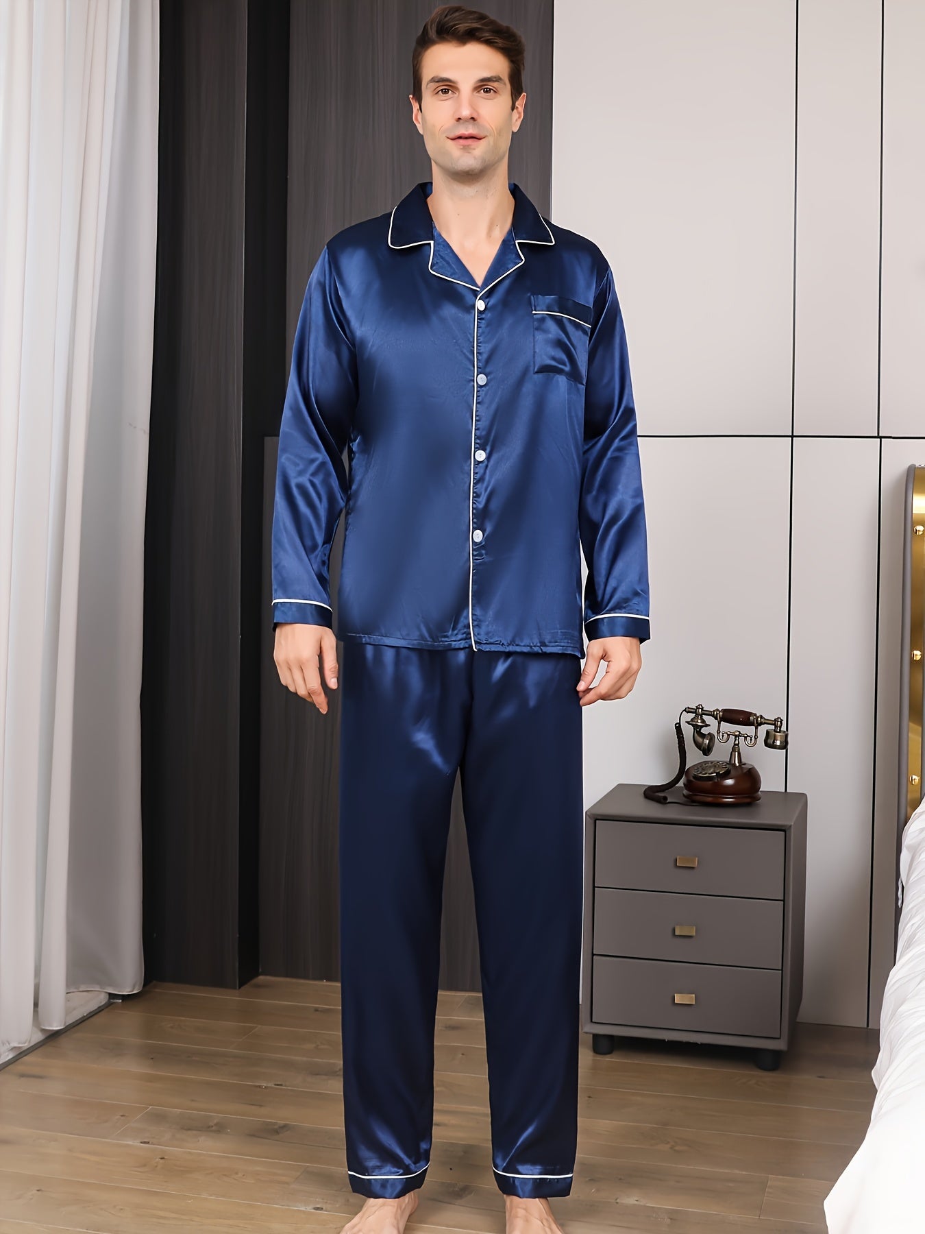 2PCS Mens Elegant Solid Color Pajama Set - Stylish Lapel Cardigan Tops & Easy-Fit Trousers - Soft, Breathable, 2-Piece Casual Home Outfits for Spring and Autumn