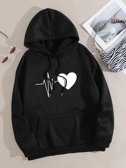 Casual Chic Heart Print Knit Hoodie - Women's Comfy Alphabet Pattern Top for Fall/Winter, Easy-Care & Stretchy