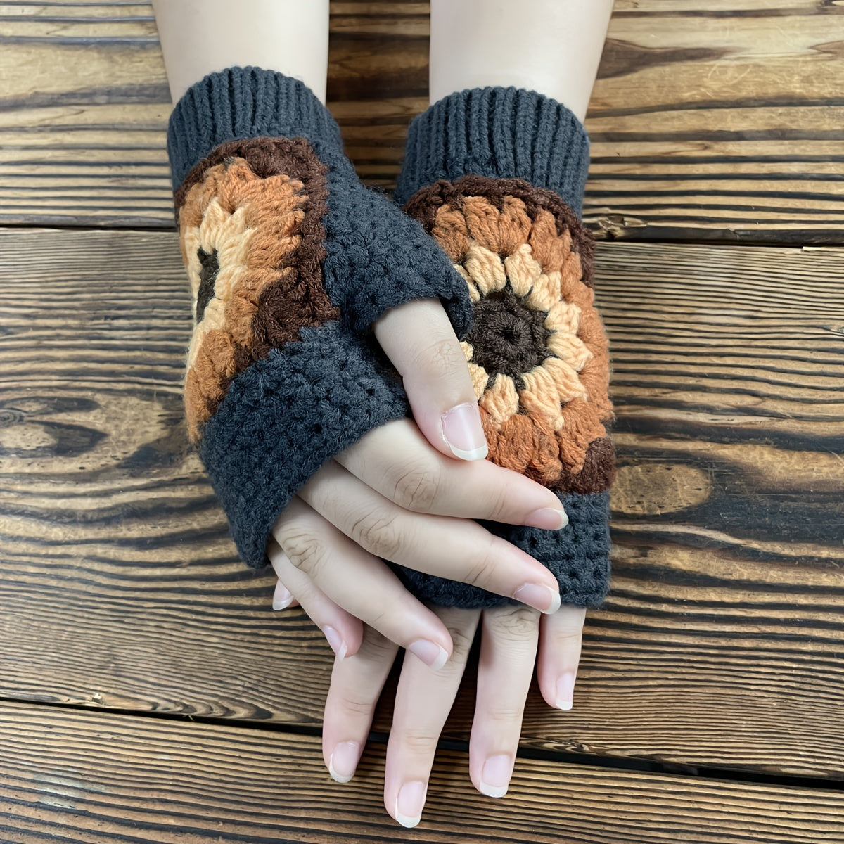 Vintage Style Fingerless Gloves - Short, Thick, Warm, Crochet Flower Knit, Coldproof, Autumn and Winter Essential for Women