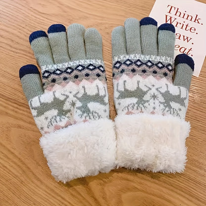 Plus Velvet Thickened Warm Gloves - Stretchy, Cute Deer Print, Touch Screen, Coldproof, Outdoor Cycling, Winter Warmth, Christmas Gift Idea