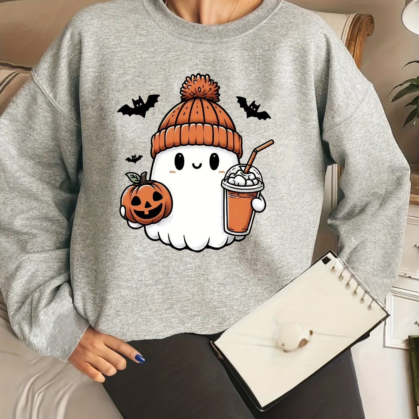 Vibrant Halloween Print Hoodie - Soft, Breathable, Drawstring Casual Hooded Sweatshirt for Fall & Spring, Women's Relaxed Fit Clothing with Long Sleeves and Pocket