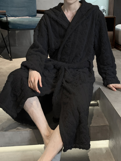 Men's Warm Soft Comfy Plain Color Long Hooded Robe For Home Pajamas Wear Flannel Night-robe Sets After A Bath Sleepwear Lounge Wear For Autumn Winter