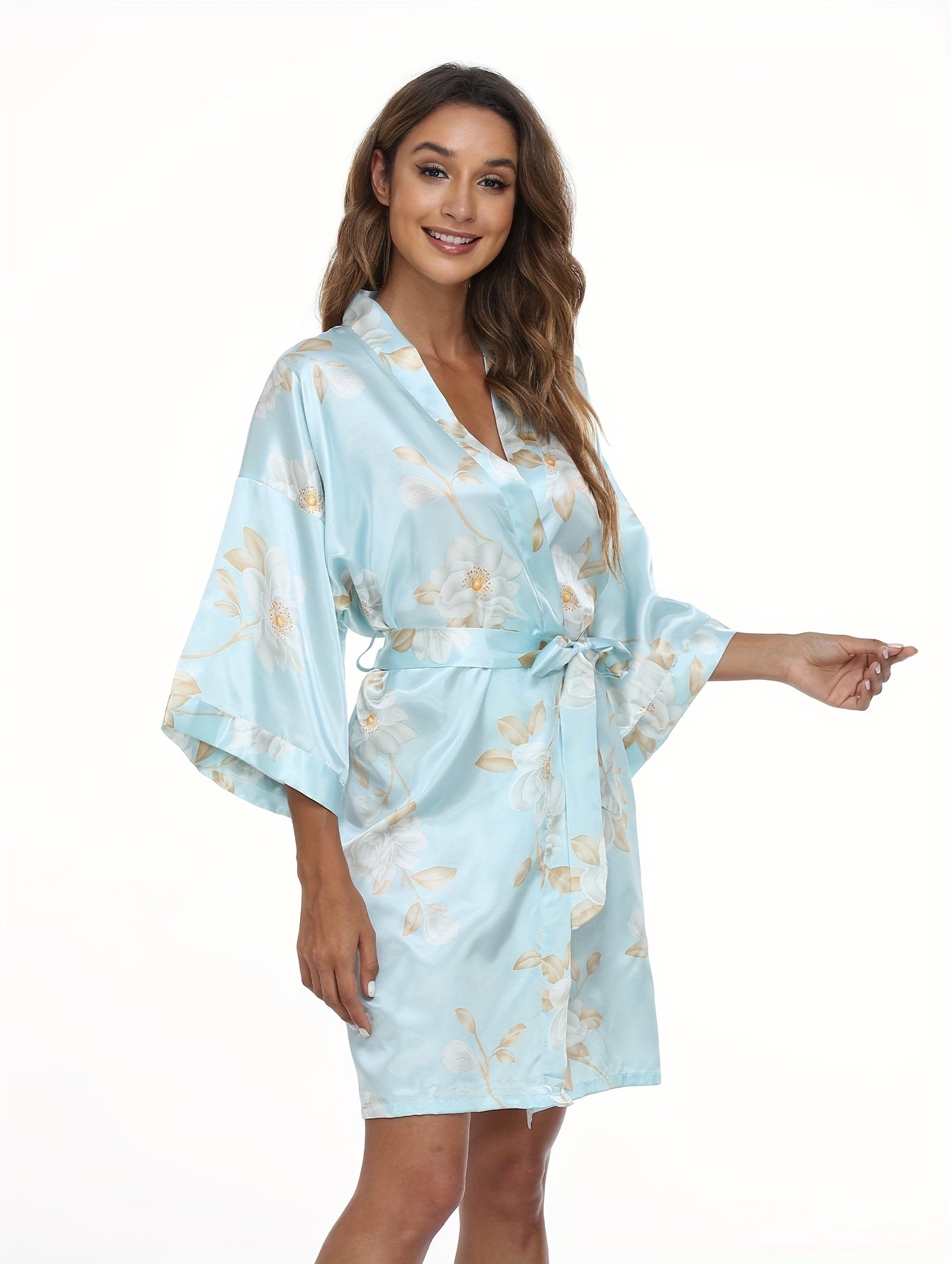 Romantic Floral Satin Kimono Robe - Luxurious Three-Quarter Sleeve V-Neck Sleepwear with Belted Waist for Women - Elegant Nighttime Elegance