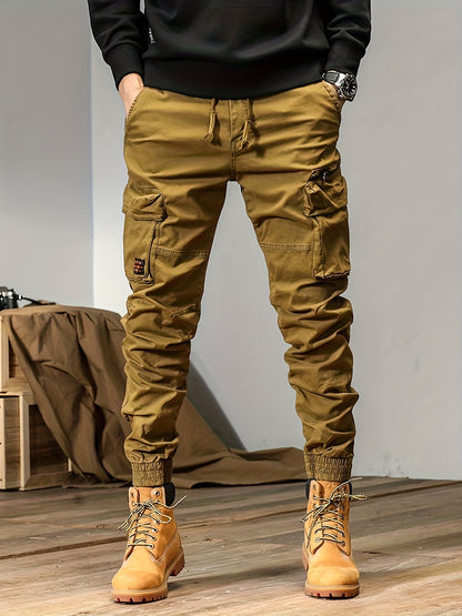 Regular Fit Solid Cotton Blend Cargo Pants - Multi Flap Pocket, Button Fly, Slight Stretch, Loose Casual Style - Ideal for Outdoor Work, Streetwear, and Hip Hop Fashion