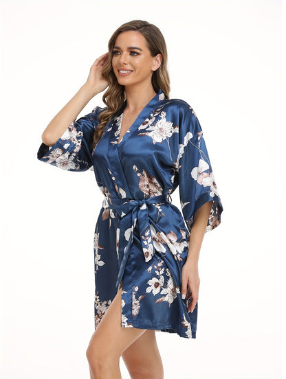 Romantic Floral Satin Kimono Robe - Luxurious Three-Quarter Sleeve V-Neck Sleepwear with Belted Waist for Women - Elegant Nighttime Elegance