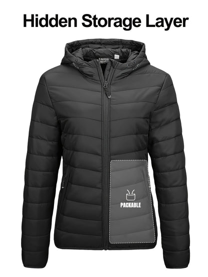 Women's Ultra-Lightweight Packable Full-Zip Puffer Jacket with Hood - Water-Resistant, Quilted, Insulated, Breathable, Windproof Winter Coat for Outdoor Activities - Ideal for Hiking, Camping, Travel, and Daily Wear